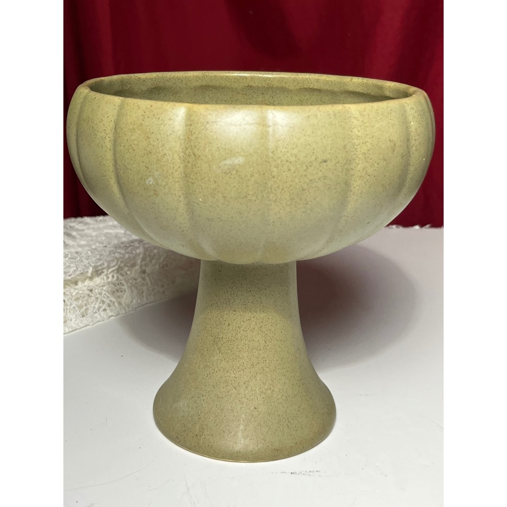 Vintage USA Pottery Speckled Green Pedestal Planter Scalloped Footed Bowl 7.5in